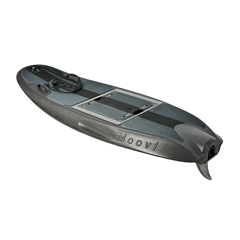 Rush Wave Rider Plus G3 14 kW electric surfboard shown at an angle, with a dark gray wide-body deck and rear fin