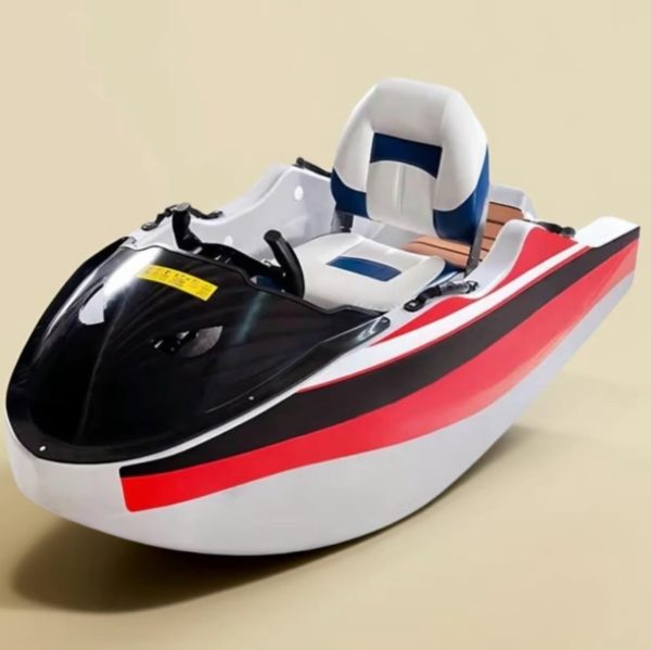 Rush Wave 2025 15 kW Electric Go-Kart Boat, red stripe studio view Rush Wave 2025 15 kW Electric Go-Kart Boat with a white hull, red and black side stripes, black windshield, and white-and-blue seat in a studio view.