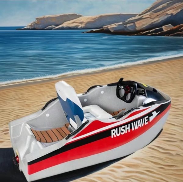 Rush Wave 2025 15 kW Electric Go-Kart Boat, beach scene Rush Wave 2025 15 kW Electric Go-Kart Boat with a white hull, red-and-black side stripes, RUSHWAVE branding, white-and-blue seat, wood-look rear deck, steering wheel with red display, and rear jet outlet beside the sea.