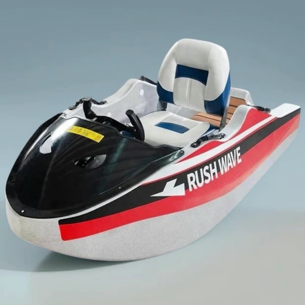 Side view of the red, white, and black Rush Wave 2025 go-kart boat, with RUSH WAVE on the hull.