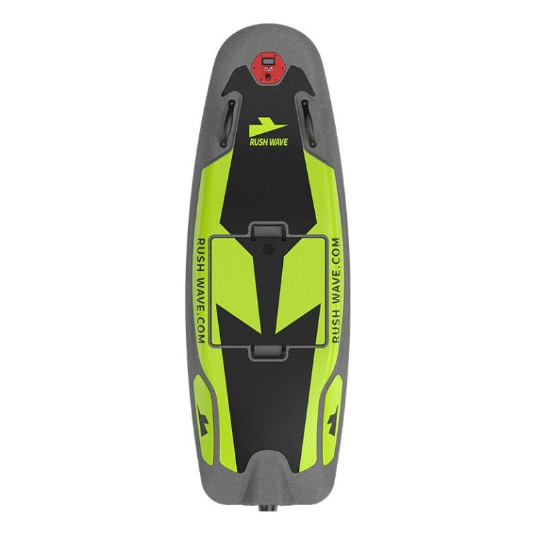 Top view of the gray and neon yellow Rush Wave Rider H1 electric surfboard.