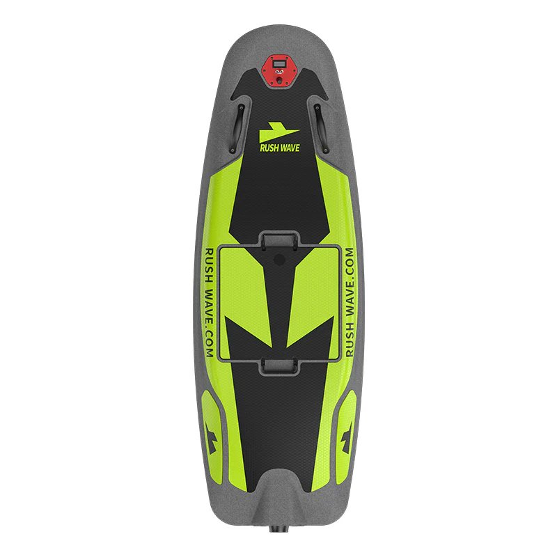 Top view of the gray and neon yellow Rush Wave Rider H1 electric surfboard.