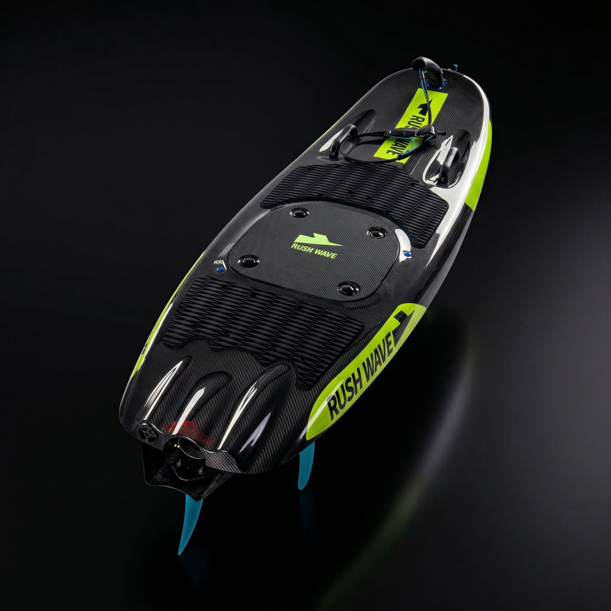 Top of the carbon Raptor EFI 03 with black deck pads, handles, neon yellow RUSH WAVE graphics, and blue fins.