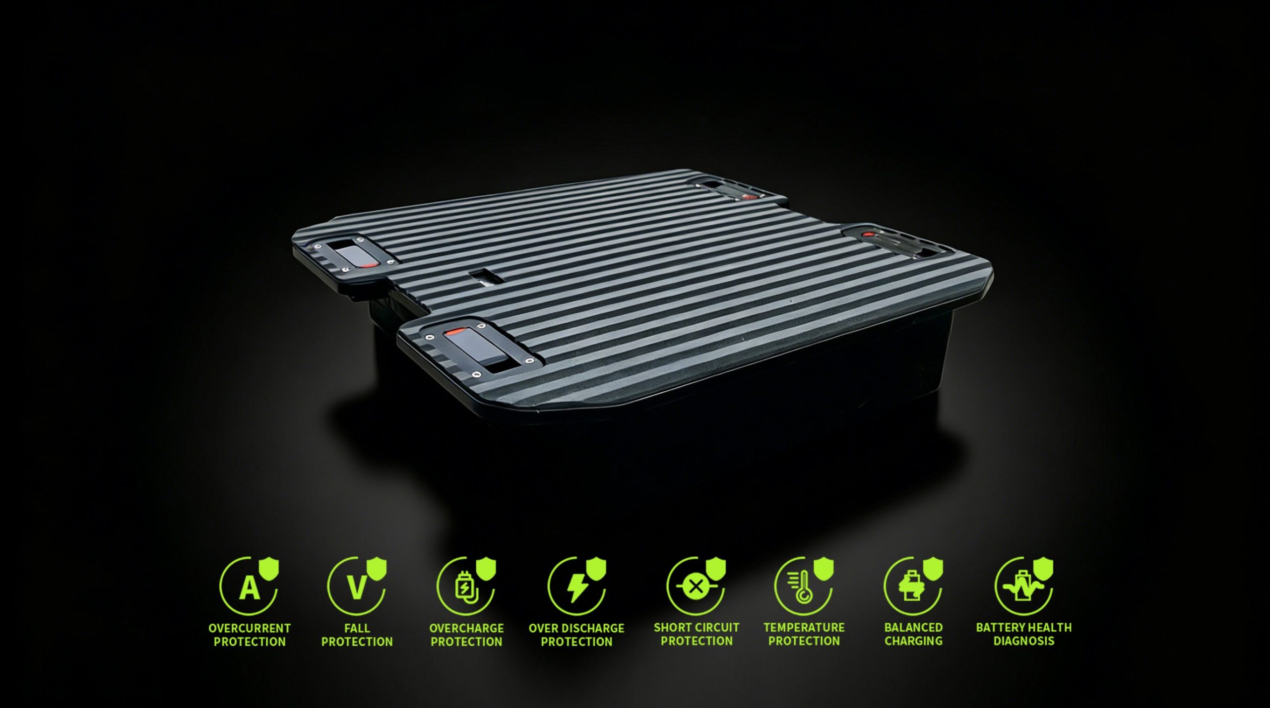 Ribbed battery pack labeled with overcurrent, fall, overcharge, over-discharge, short circuit, temperature, balanced charging, and battery health diagnosis.