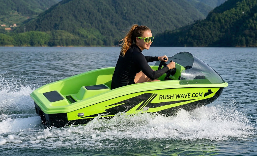 Rear view of a rider steering the neon green and black V1 through the water.