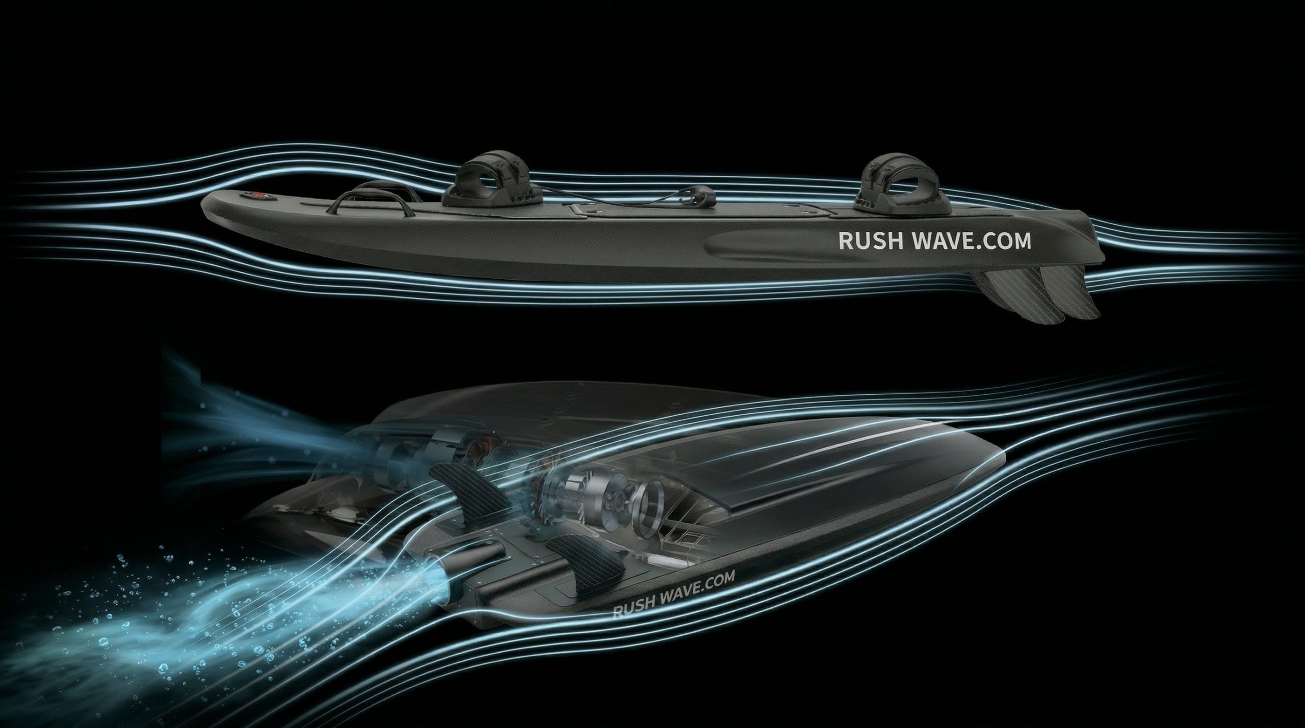 Black Rider G2 side view above a cutaway showing the motor and water flow.