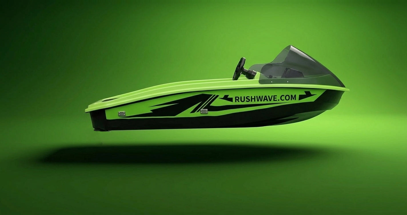 Side view of the neon green and black Rush Wave V1 go-kart boat, with RUSHWAVE.COM on the hull.