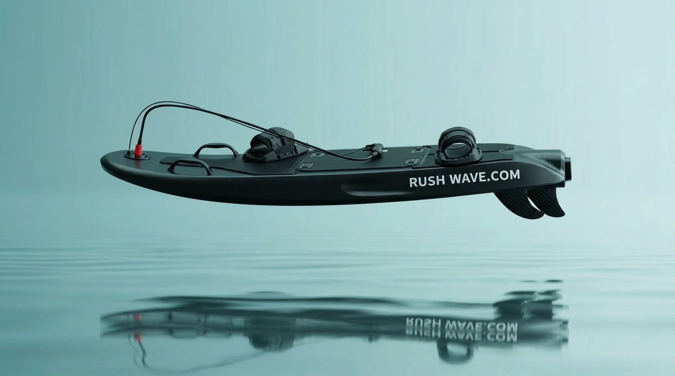 Side view of the black Rider G2 surfboard with bindings, a leash, and RUSH WAVE.COM on the rail.