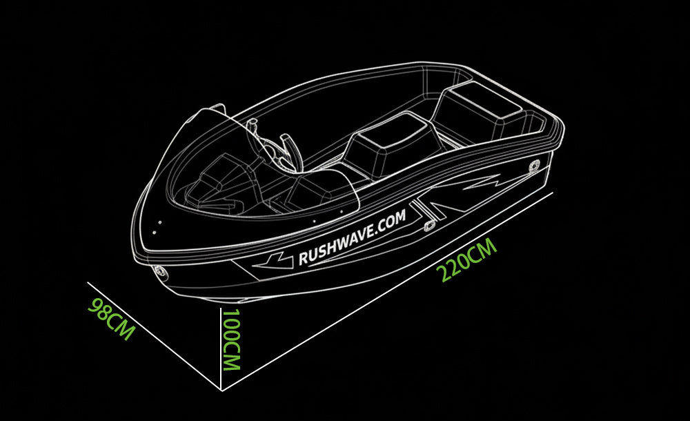 Line drawing of the Rush Wave V1 with the printed dimensions 220 cm, 100 cm, and 98 cm.