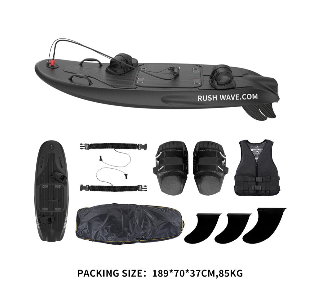 Black Rider G2 packing layout with the board, bindings, leash, vest, bag, and fins, and the printed packing size 189 by 70 by 37 cm, 85 kg.