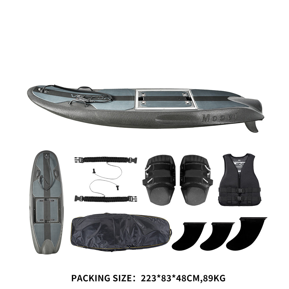 Rider Plus G3 packing layout with the gray board, bindings, leash, vest, bag, and fins, and the printed packing size 223 by 83 by 48 cm, 89 kg.