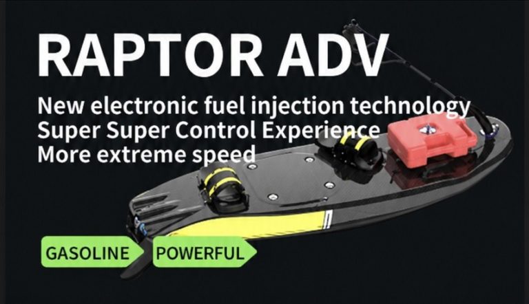 Rush Wave Raptor ADV gasoline jet surfboard, black carbon deck with yellow rails, foot bindings and red fuel tank