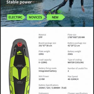 Rush Wave Rider H1 extended battery specifications Rush Wave Rider H1 extended battery electric surfboard specifications: 12 kW, 48-52 km/h, 5.88 kWh battery, 70-130 min endurance