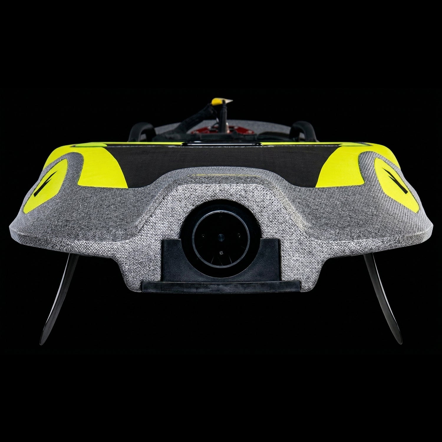 Rear of the gray and neon yellow Rider H1, showing the jet intake and two fins.