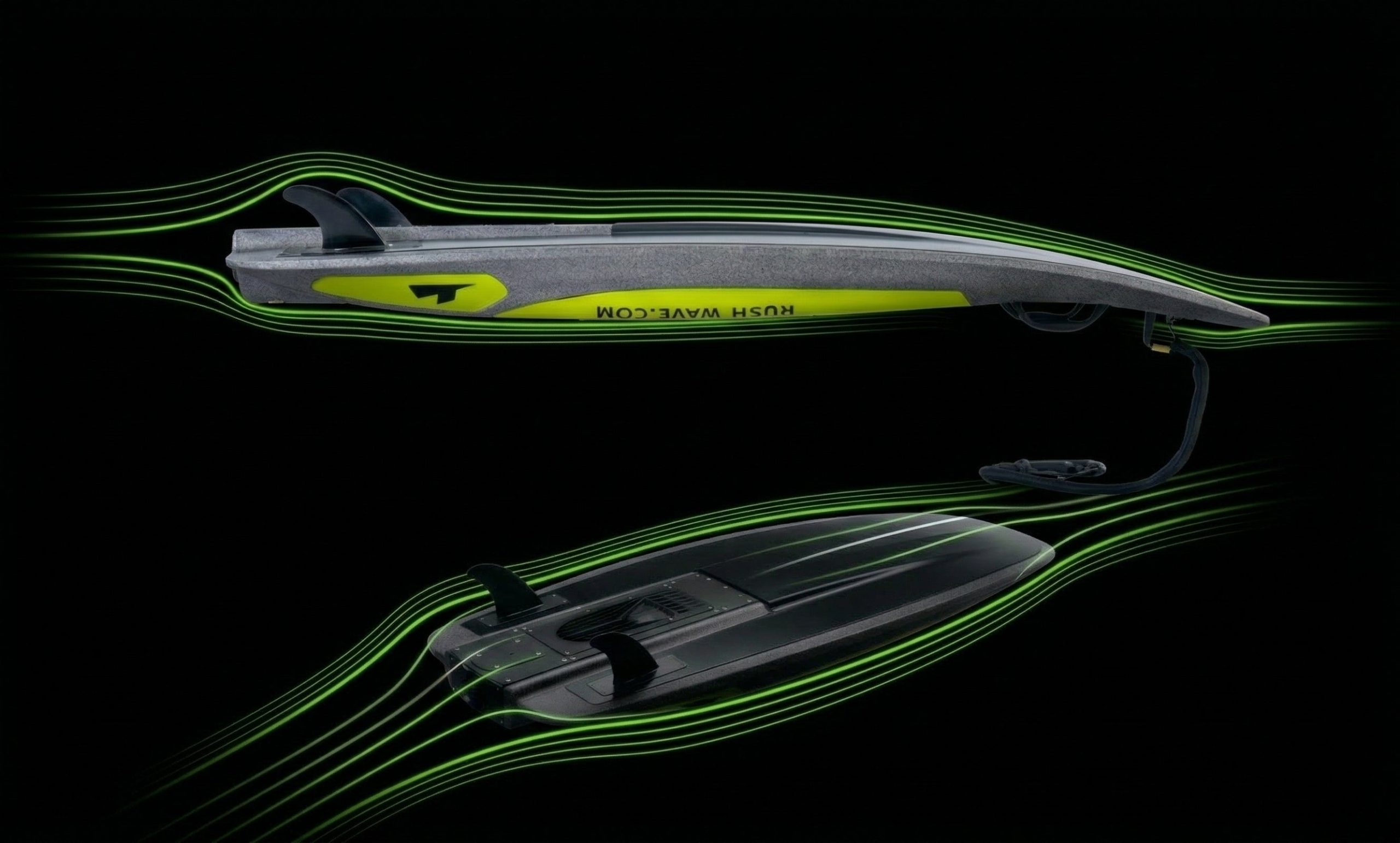 Rider H1 side profile above the underside, with green flow lines.